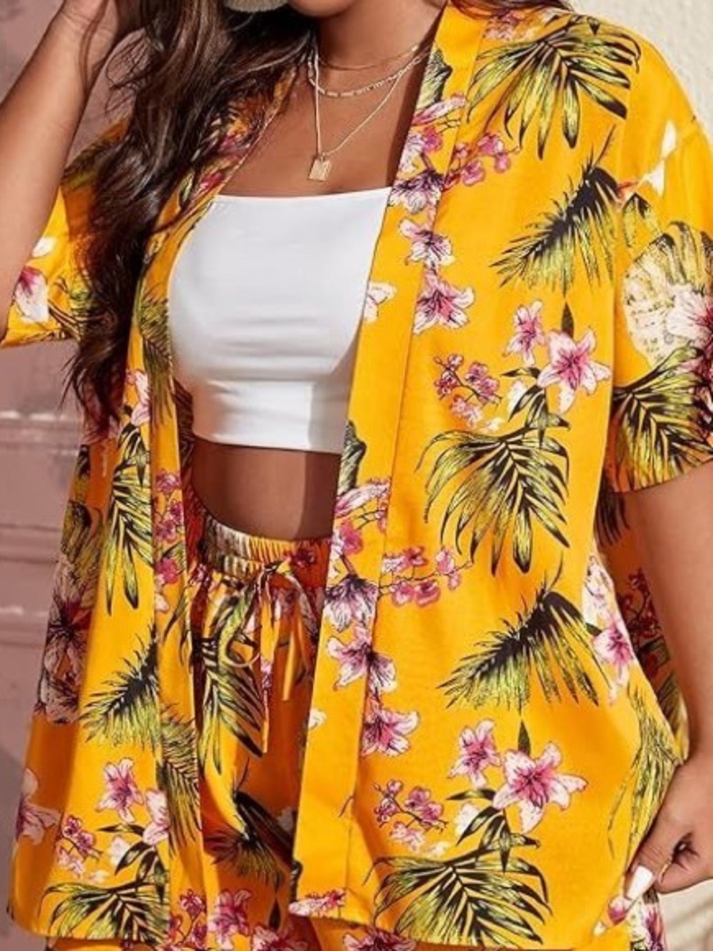 SHEIN Yellow Tropical Floral Kimono Jacket